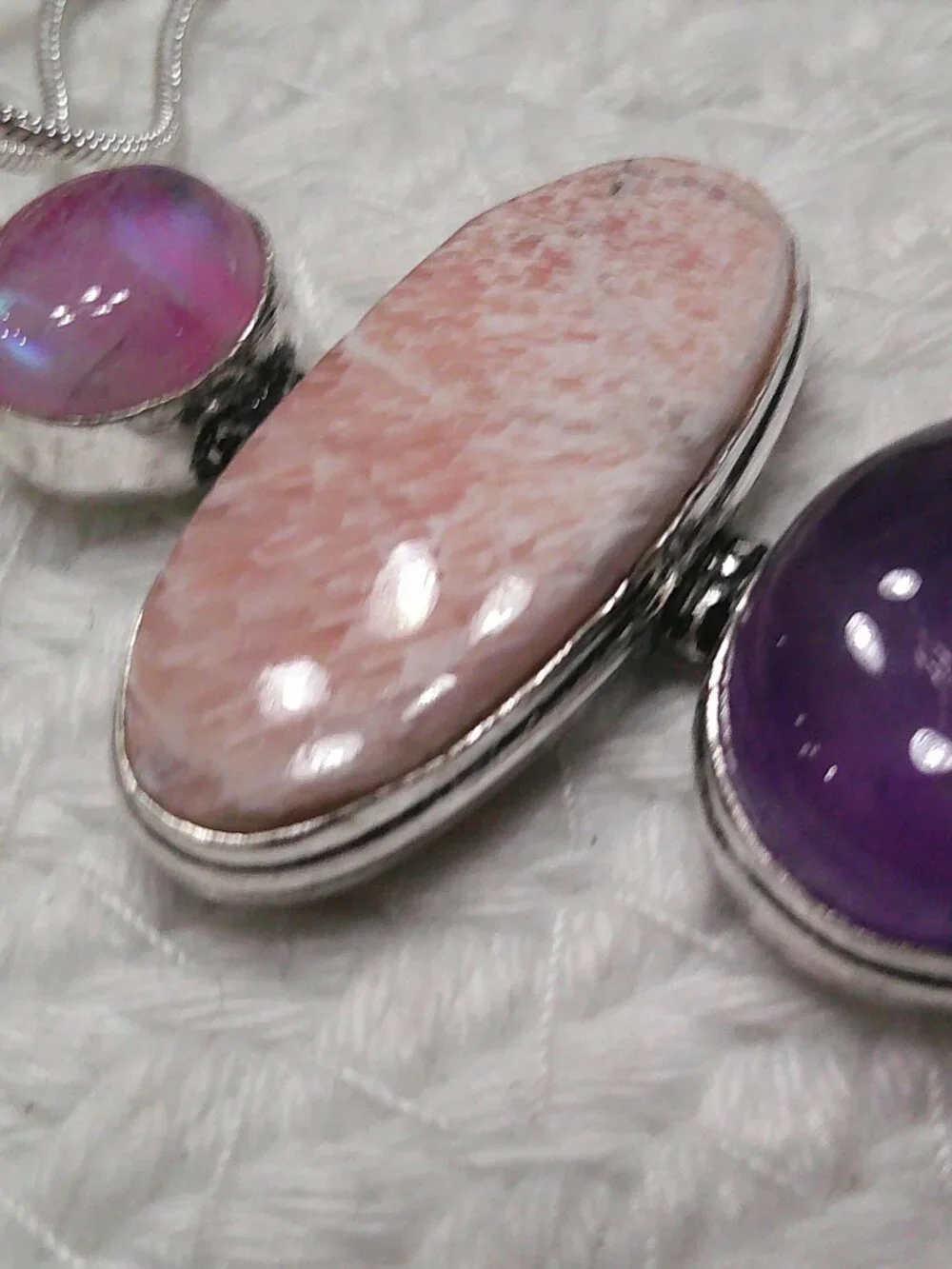 Gorgeous SCOLECITE, AMETHYST & RAINBOW MOONSTONE Handmade Sterling 925 Necklace